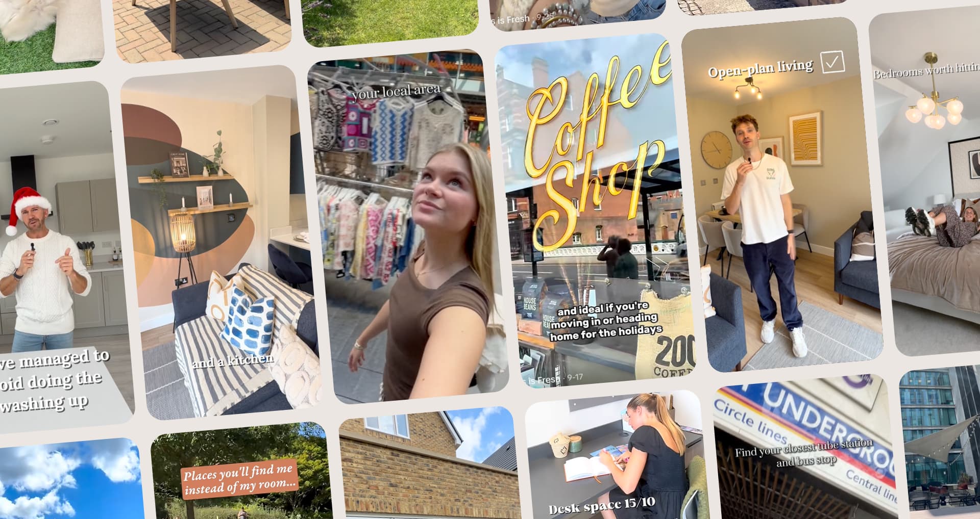 Collage of creator-style social media content for property brands, featuring presenter-led property tours and lifestyle videos